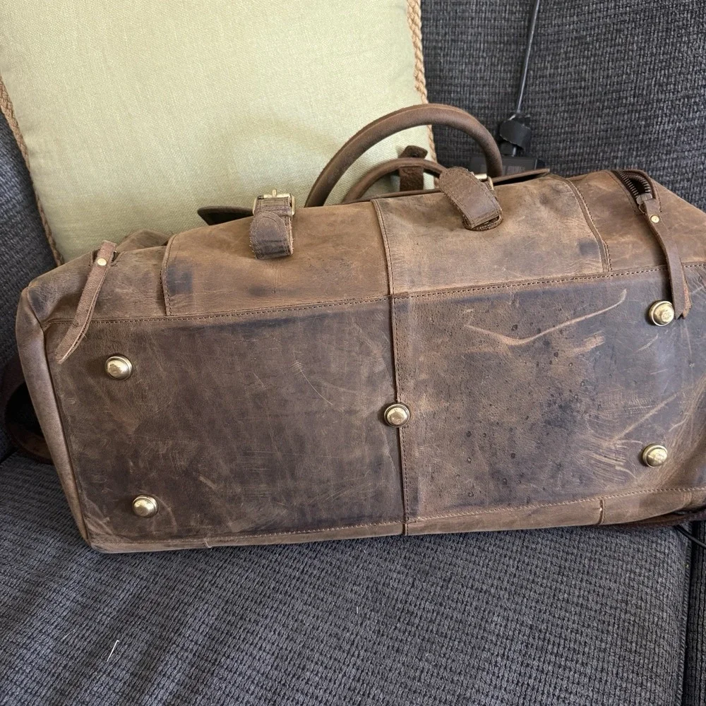KomalC Distressed Brown Buffalo Leather Large Duffel Weekender Bag Shoe Comp